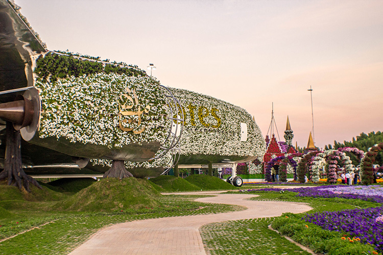 Side view of Emirates A380 at Dubai Miracle Garden