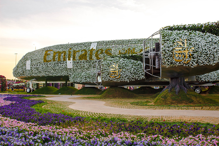 Side view of Emirates A380 at Dubai Miracle Garden
